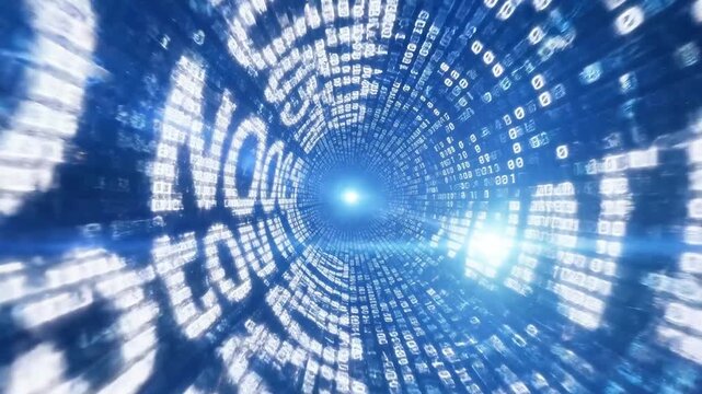 A futuristic digital tunnel with a bright light at the end, made of numerous small white and blue binary code numbers on a blue background