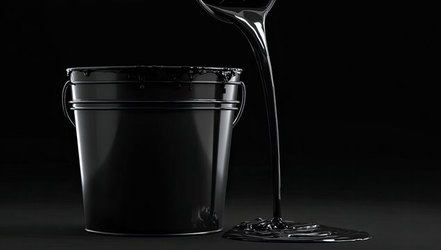 Glossy black liquid being poured into a shiny metal bucket against a dark background
