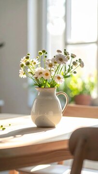 Vase of Fresh Flowers Bathed in Sunlight on a Wooden Table.