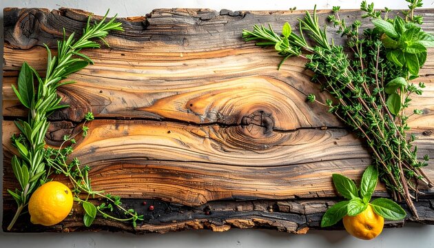 Rustic wooden cutting board with fresh herbs and lemon on table