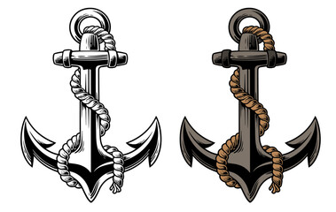 Hand drawn anchor with rope Isolated on white background. Black and white vector illustration of anchor done in woodcut style. Layered file for easier customization © Bright Sun