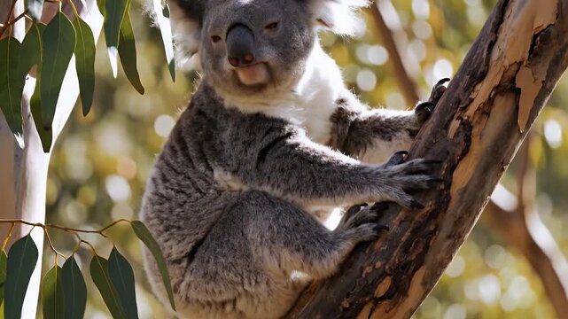 Close Up of a Koala Bear Clinging to a Eucalyptus Tree Branch with Soft Bokeh Background