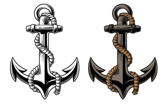 Hand drawn anchor with rope Isolated on white background. Black and white vector illustration of anchor done in woodcut style. Layered file for easier customization