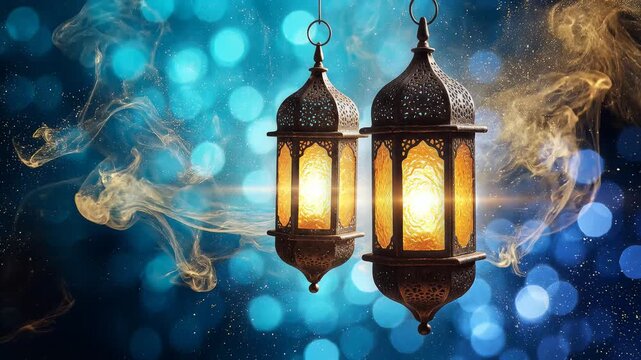 Elegant hanging lanterns with warm golden light against a vibrant blue background with bokeh and smoke effects