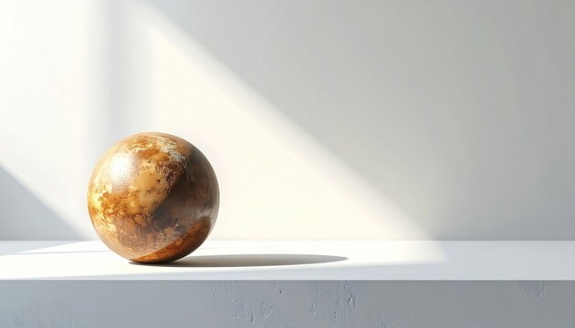 Sphere with mottled surface sits on a white shelf, shadow cast across wall