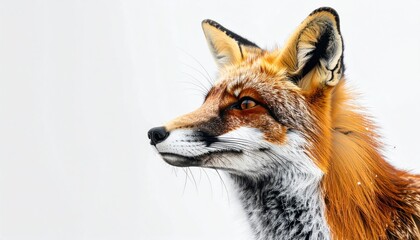 Obraz premium Close-up of a fox's head in profile against a bright white background, detailed fur