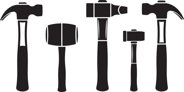 Collection of hammers in black silhouette on white background