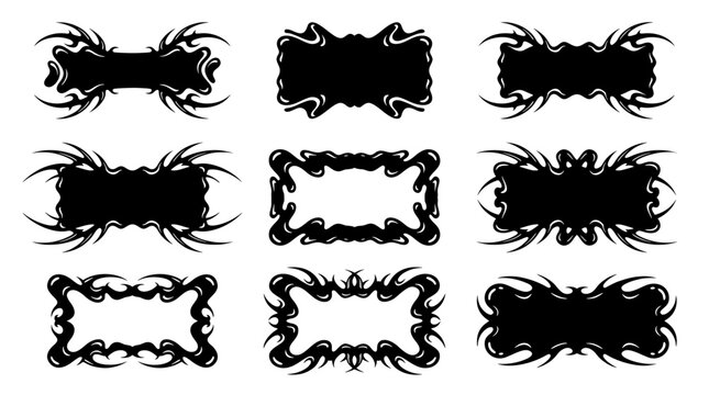 Collection of black Y2K tribal banners, liquid gothic border frames, and cyber vector shapes. Ideal for streetwear labels, tattoo or edgy logo design