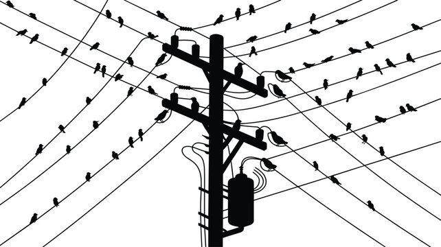 Silhouette of utility pole with multiple power lines, perched birds creating natural pattern, industrial structure blending with wildlife, environmental illustration of human‑made and natura