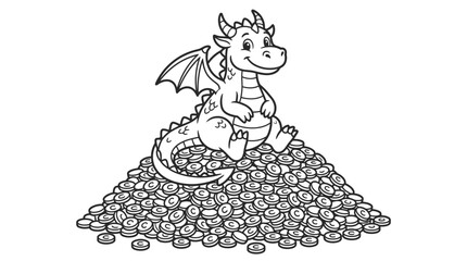 Cute cartoon dragon sitting on coins. © Siwit