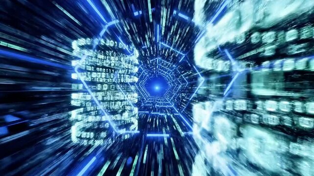 A futuristic blue and green abstract image with a central pixelated design, surrounded by streaks of light
