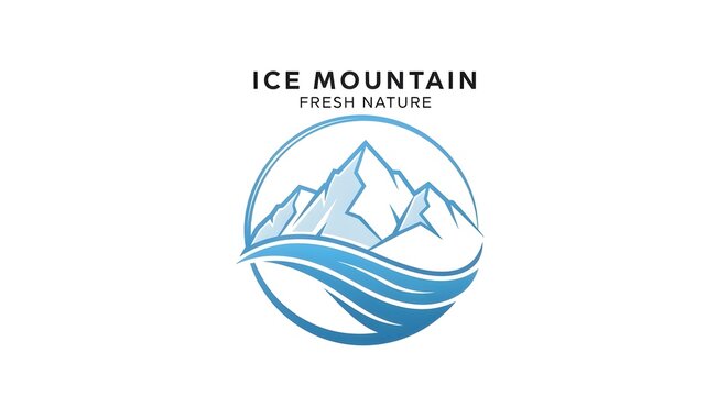 Circular logo design showing snowy mountain peaks above stylized blue water waves