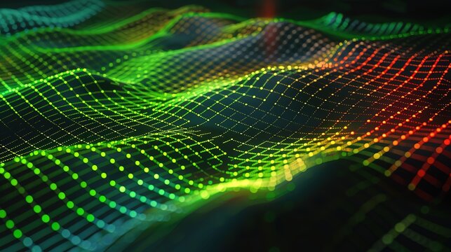Product Surface with Glowing Scanning Grating, Dimensional Deviations Shown as Colored Contour Map (Green for Pass, Red for Fail), Real-Time Data Updating, Dark Background, Precision Manufacturing Con