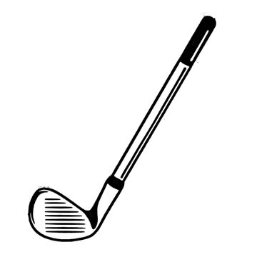 Classic golf club with striped face, shaft and grip, stylized vector graphic, isolated sports equipment, design.