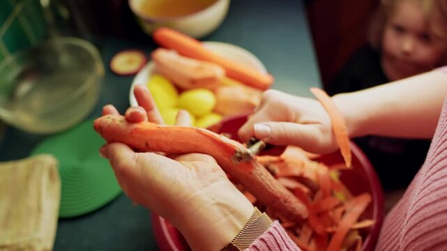 Close-up hands peeling a carrot with a vegetable peeler over a bowl in a home kitchen while a child watches, simple family food prep for soup or stew.