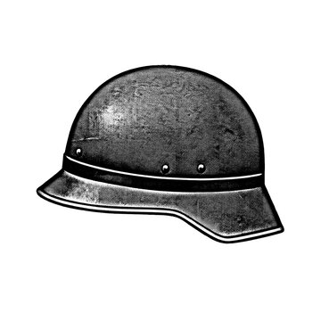 Historical military helmet featuring riveted band, curved brim, matte steel finish, wartime artifact, isolated illustration.