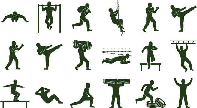 Set of green silhouettes depicting various fitness exercises and workout routines.