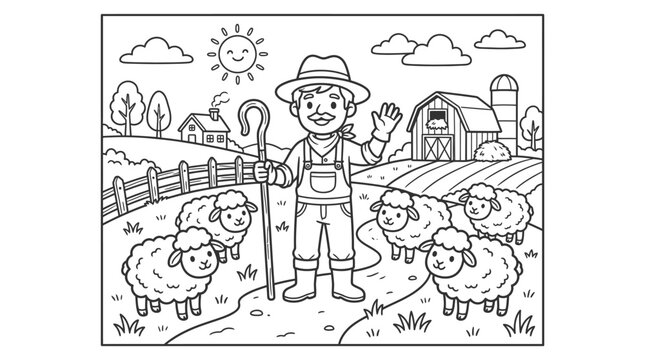 Farmer standing with sheep on farm.