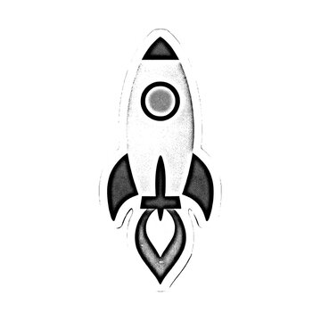 stylized with pointed nose, circular viewport, and flame exhaust, rendered in halftone dot, isolated graphic element.