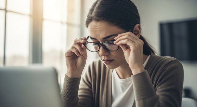 Tired young professional woman experiencing eye strain and digital fatigue while working on her laptop, reflecting the demands of modern remote work