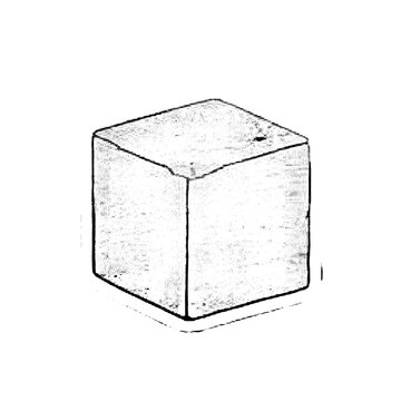 Geometric cube rendered in pencil sketch, three dimensional perspective, textured shading, angular, isolated foreground object, artistic rendering.