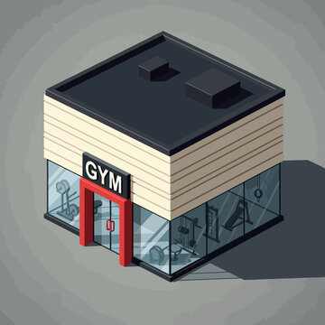 Isometric Gym Building with Glass Walls and Red Entrance Sign.