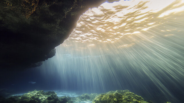 Underwater cave with sunlight filtering through opening, illuminating rocky seabed and creating serene, peaceful atmosphere beneath water surface