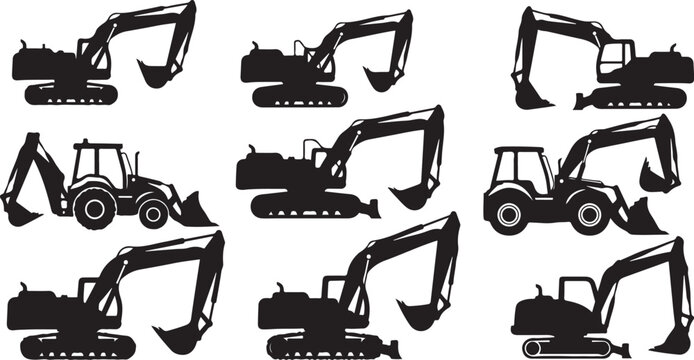 Heavy machinery excavators and construction equipment silhouettes collection