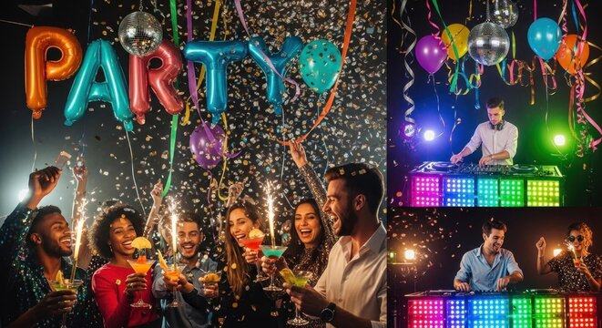 A group of people dancing and partying with colorful balloons and confetti in a dark room with a DJ booth in the background.
