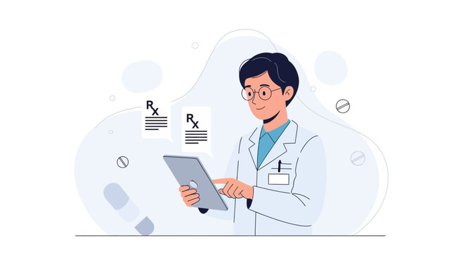 Doctor using tablet with Rx prescriptions, medical concept illustration