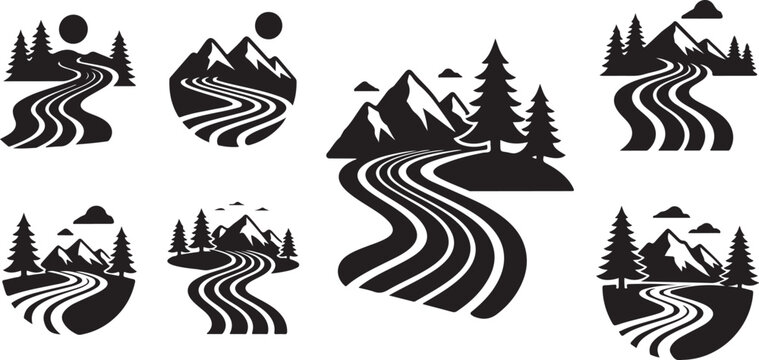 Black and white mountain road landscape silhouette vector icons set