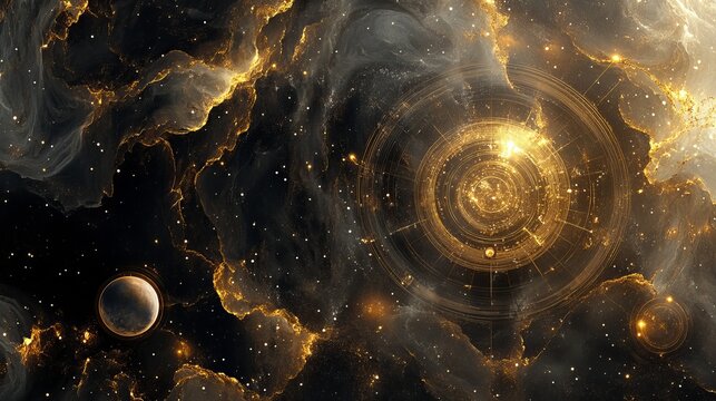 Abstract cosmic gold foil marble with sacred geometry celestial stars galaxy background