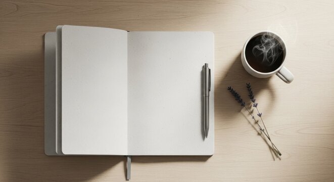 An open notebook with a pen, a cup of coffee, and lavender flowers on a wooden table.