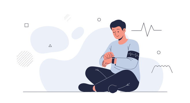 Man checking smartwatch with heart rate monitor, sitting cross-legged, abstract background