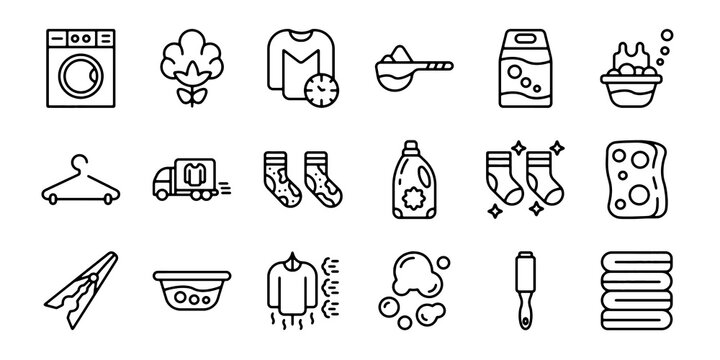 Collection of thin line icons for laundry, washing symbols collection. Vector sketches of logos for washing machines, detergents, socks, sponges, brushes and clothespins illustrations. Vector stock.
