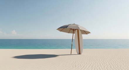 Fototapeta premium A white sand beach with a wooden umbrella and a surfboard, set against a clear blue sky and calm ocean.