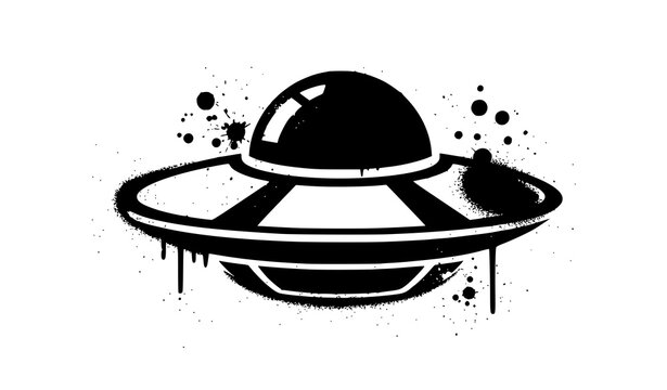Black graffiti UFO symbol spray paint style vector icon with overspray effect isolated on white