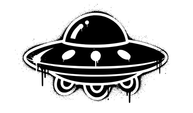 Spray painted graffiti UFO icon vector with black overspray street art symbol isolated on white