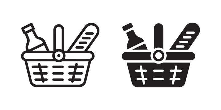 Grocery Basket with Food Icon Set Line and Solid Style- Supermarket Shopping, Fresh Food, Market Basket, Retail Store, Grocery Delivery Vector Illustration
