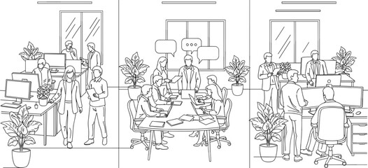 Fototapeta premium Detailed black and white line art vector illustration of professional office scenes featuring employees working and collaborating.