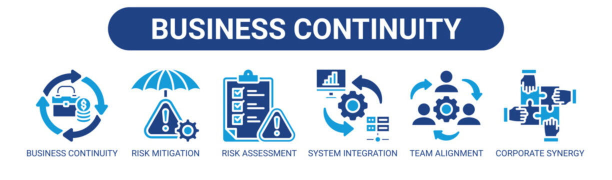 Business Continuity web banner icon vector illustration concept with icons of business continuity, risk mitigation, risk assessment, system integration, team alignment, and corporate synergy.