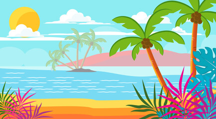 Obraz premium silhouette of coconut tree in flat style. illustration of palm tree in flat style. summer background. summer theme scenery 