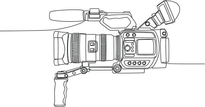 Detailed continuous line art vector illustration of a professional digital video camera with microphone for film production.