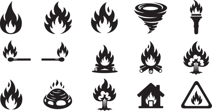Fire icons and symbols in black and white color