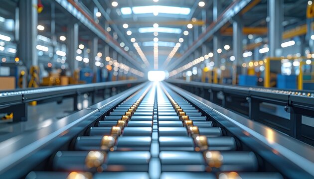 Long conveyor belt stretches into the distance of a well-lit industrial factory