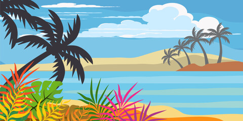 Obraz premium silhouette of coconut tree in flat style. illustration of palm tree in flat style. summer background. summer theme scenery 