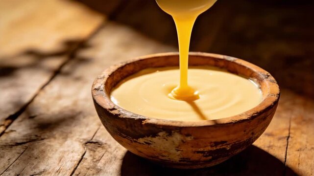 Sweet condensed milk pouring from a spoon into a rustic wooden bowl, suitable for cooking blog, food recipe, baking project, ingredient showcase, and confectionery design.