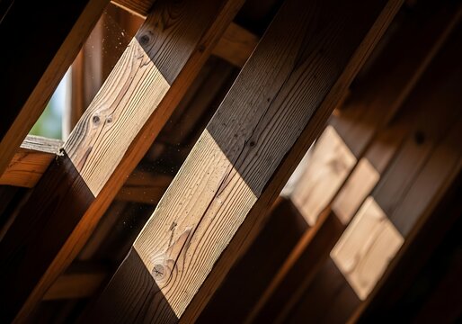 Wooden roof structure with exposed beams and rafters