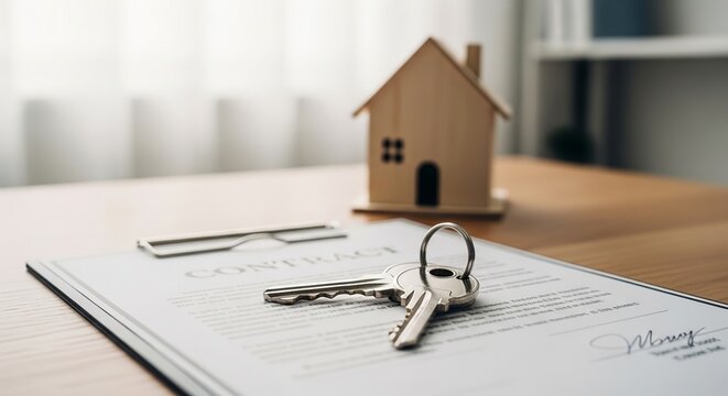Essential elements for a successful real estate transaction house keys resting on a signed property contract next to a miniature wooden home, symbolizing homeownership and future investments