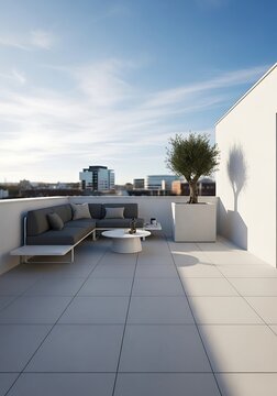 Modern urban rooftop terrace with modular sofa and cityscape background